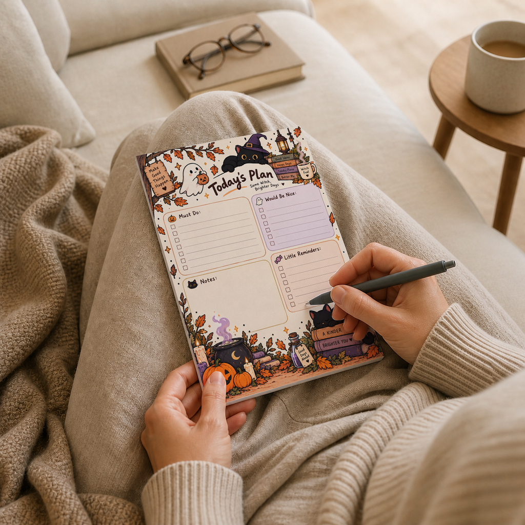 A person on a cozy couch writing with a pen on the spooky witch cat daily planner pad resting on their lap.