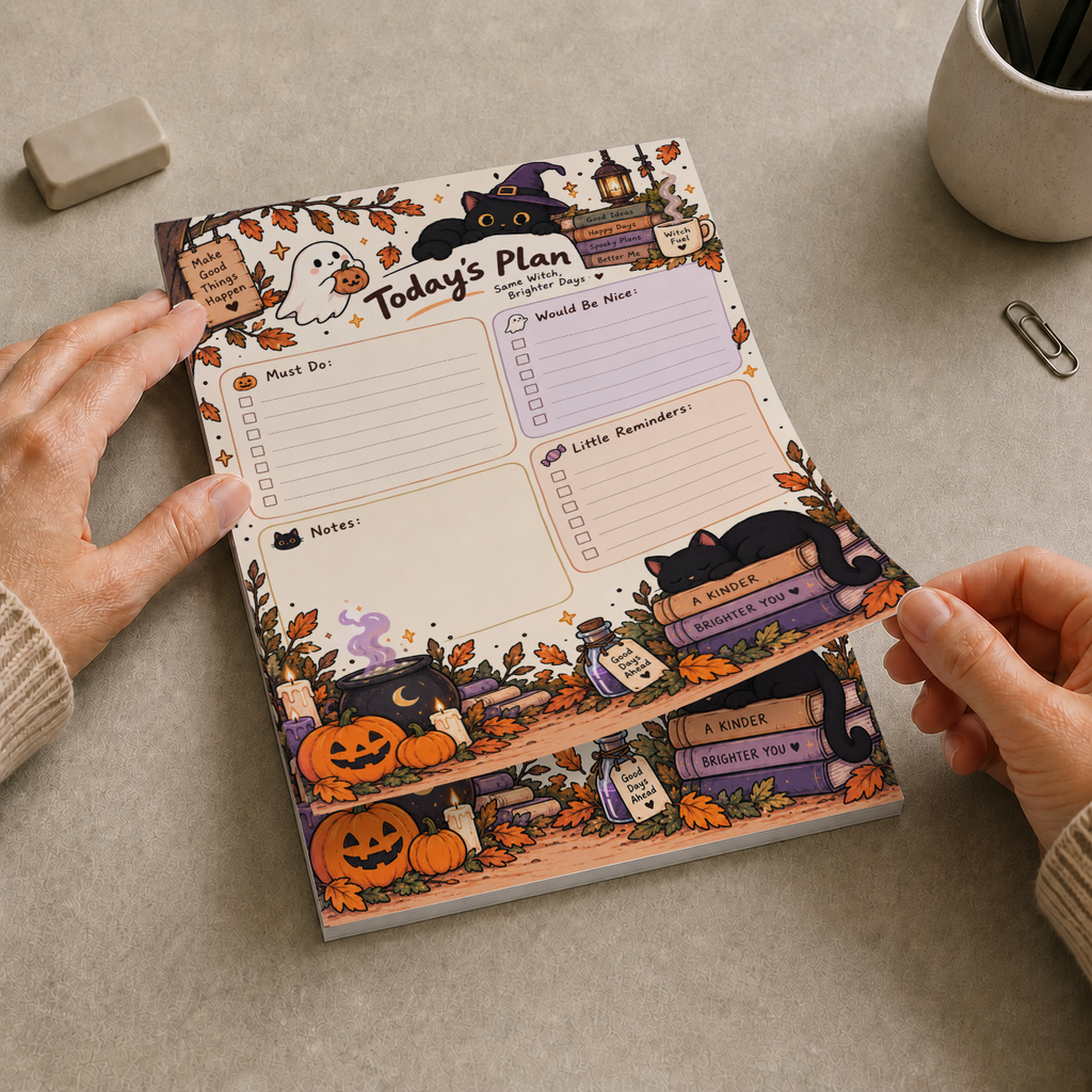 Hands lifting a sheet off the Spooky Witch Cat Today's Plan Notepad on a desk with an eraser and pen cup.