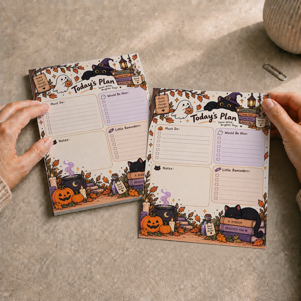 Hands hold a sheet from the Spooky Witch Cat Today's Plan Notepad next to the full tear-off pad on a textured desk.