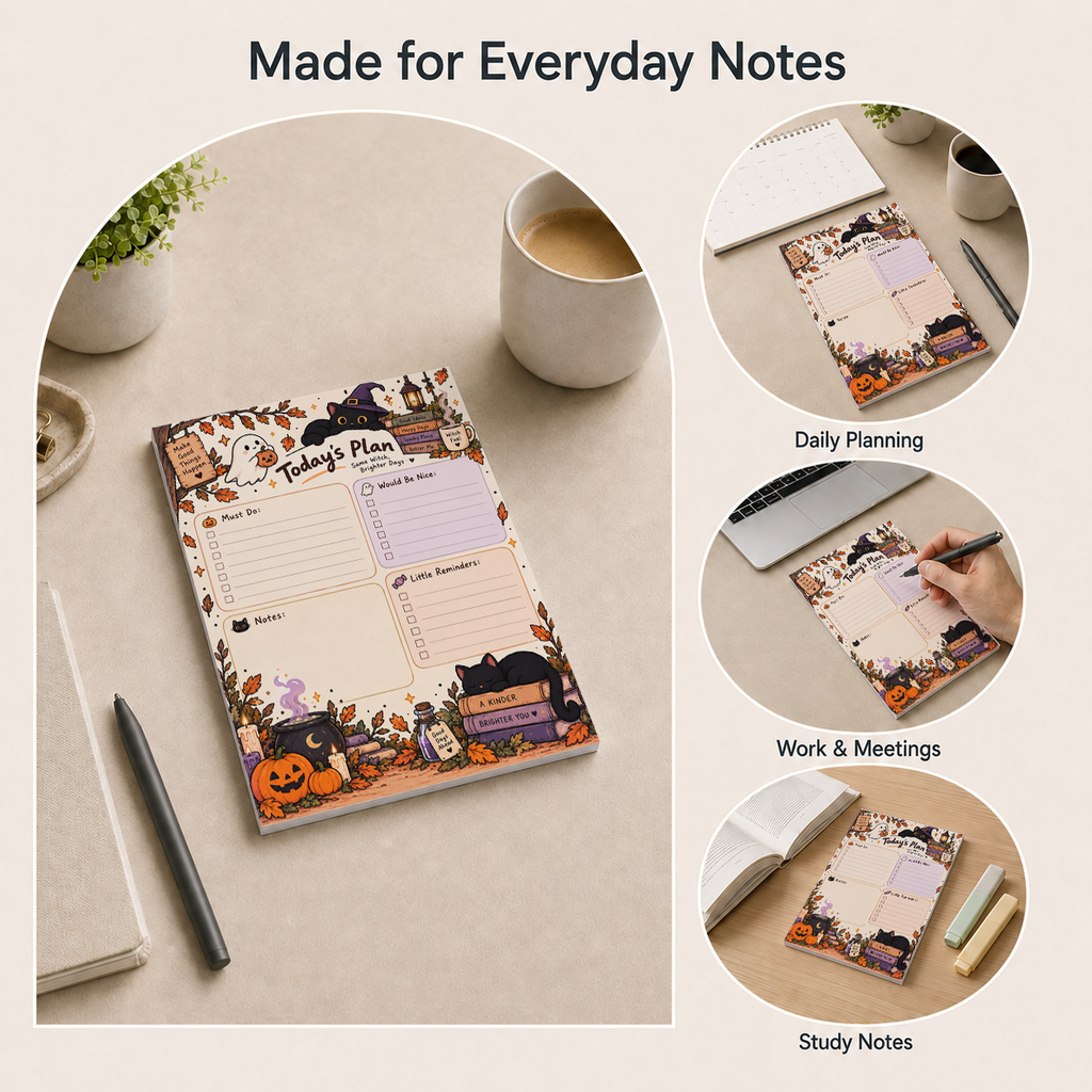 Spooky Witch Cat Today's Plan Notepad shown in multiple desk settings for daily planning, work meetings, and study notes.