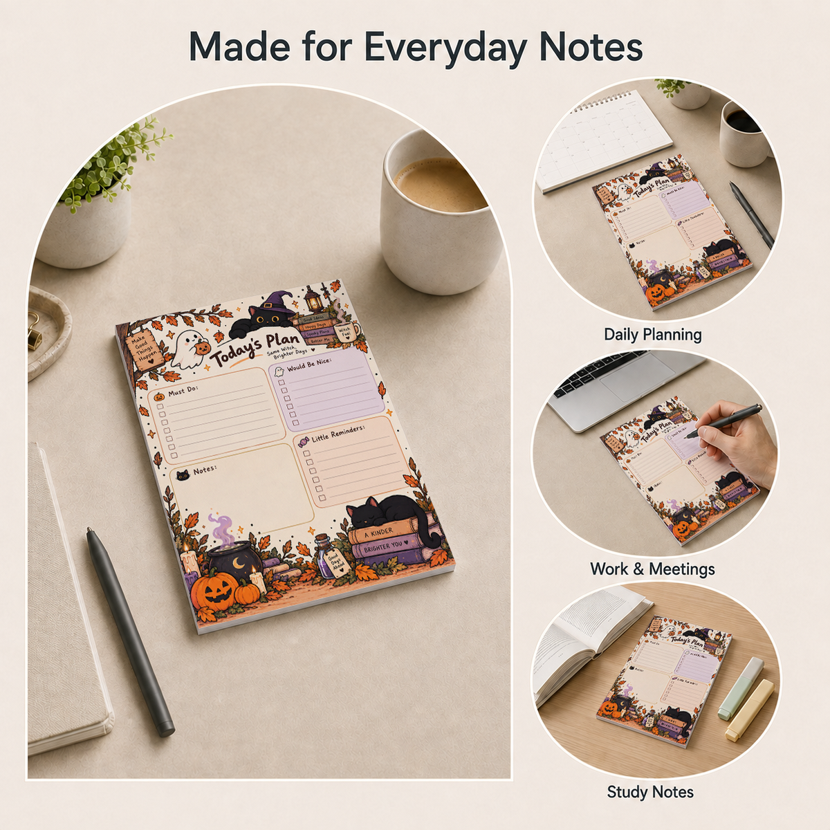 Spooky Witch Cat Today's Plan Notepad shown in multiple desk settings for daily planning, work meetings, and study notes.