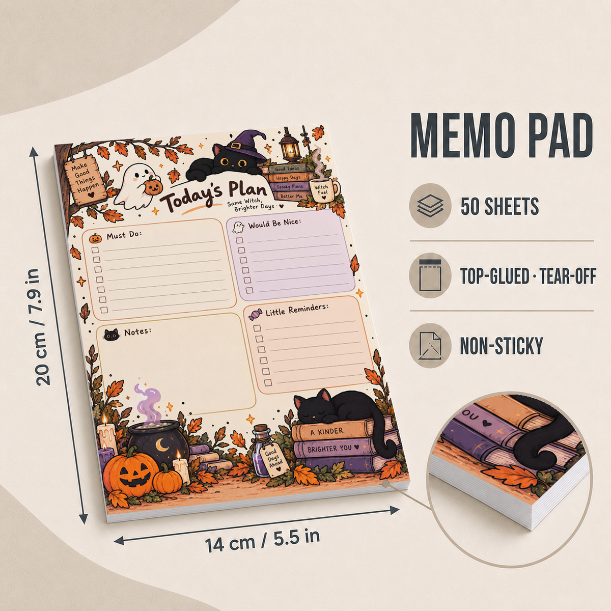 Size guide for the spooky witch cat memo pad, showing 14 by 20 cm dimensions and 50 non-sticky tear-off sheets.