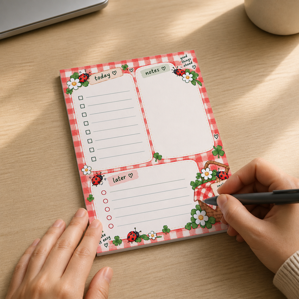 Hands writing on a gingham Ladybug Picnic Notepad with a black pen on a wooden desk.