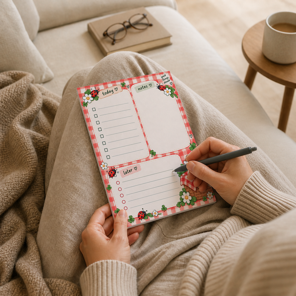 Person sitting on a cozy couch, writing with a pen on the Ladybug Picnic Notepad resting on their lap.