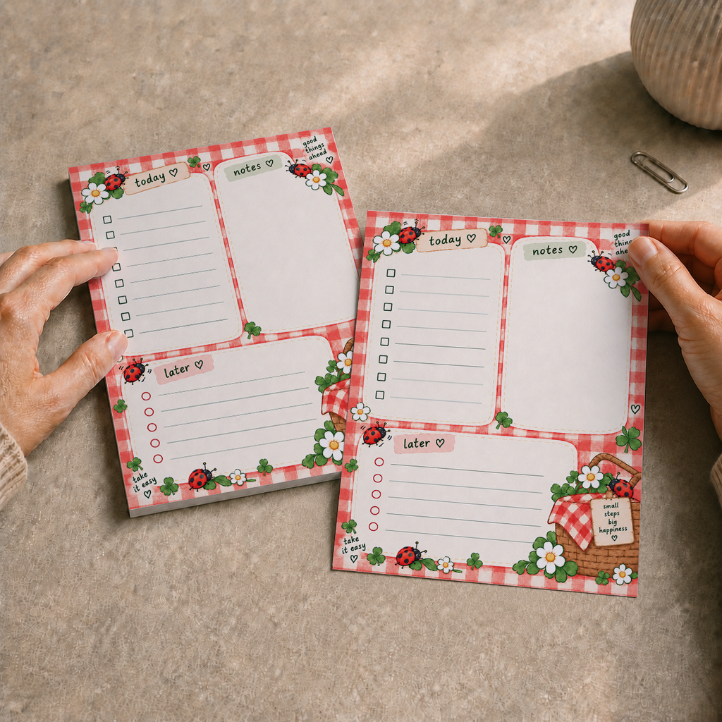 Hands holding a Ladybug Picnic Notepad with gingham borders over a textured beige desk next to a paperclip.