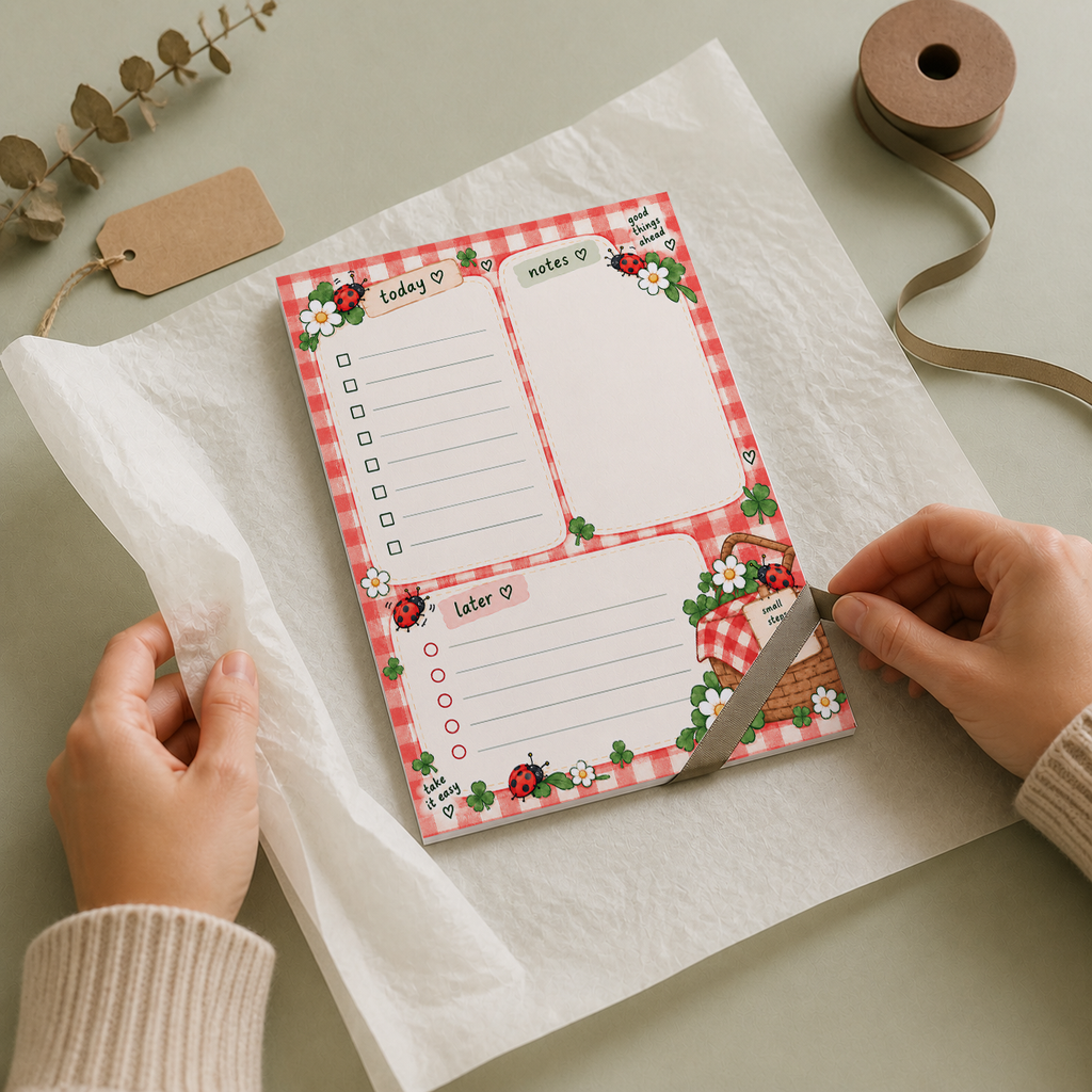Hands wrapping the ladybug picnic notepad in white tissue paper with a ribbon, next to a kraft tag and spool.