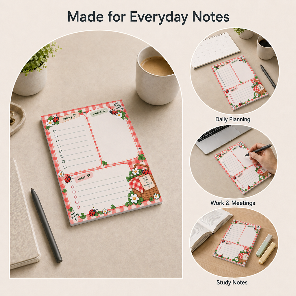Desk scenes showing the Ladybug Picnic Notepad used for daily planning, work meetings, and study notes.