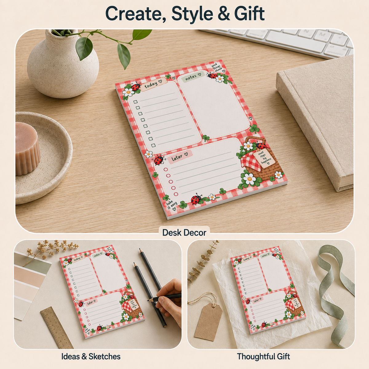 Collage of a ladybug picnic notepad on a desk with a keyboard, next to pencils, and wrapped as a gift.