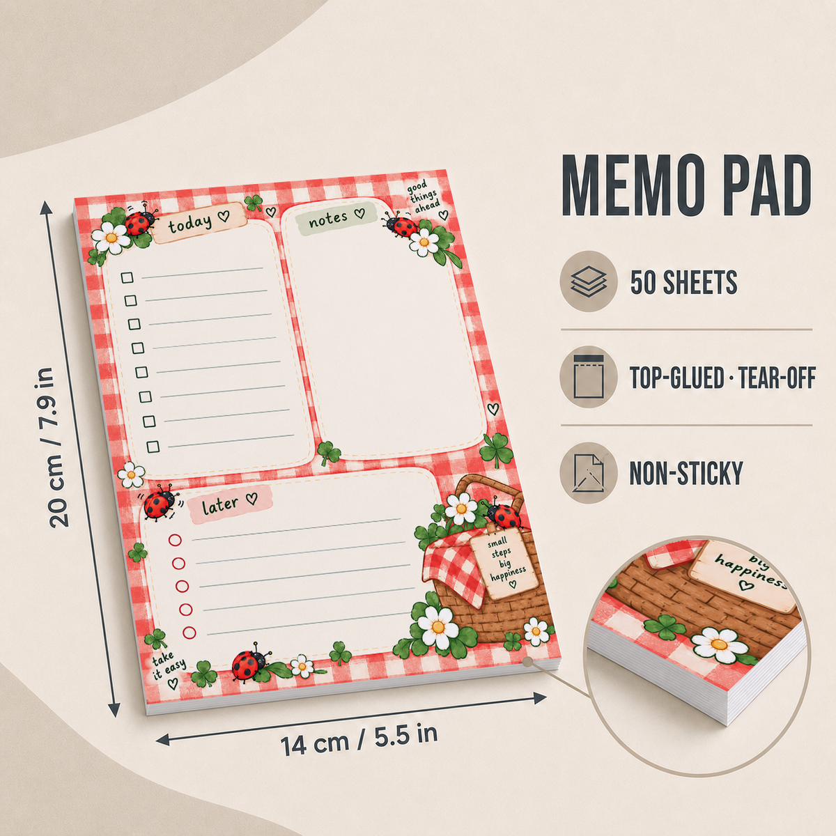 Dimension guide for the ladybug picnic notepad showing 14 by 20 cm and features like 50 non-sticky tear-off sheets.
