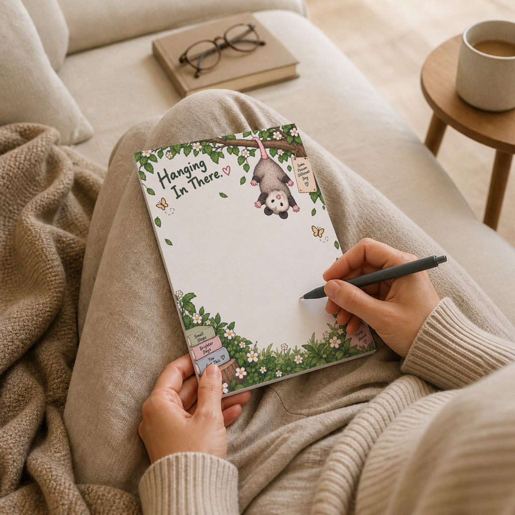 A person relaxing on a couch writes on the Hanging In There possum notepad resting on their lap.
