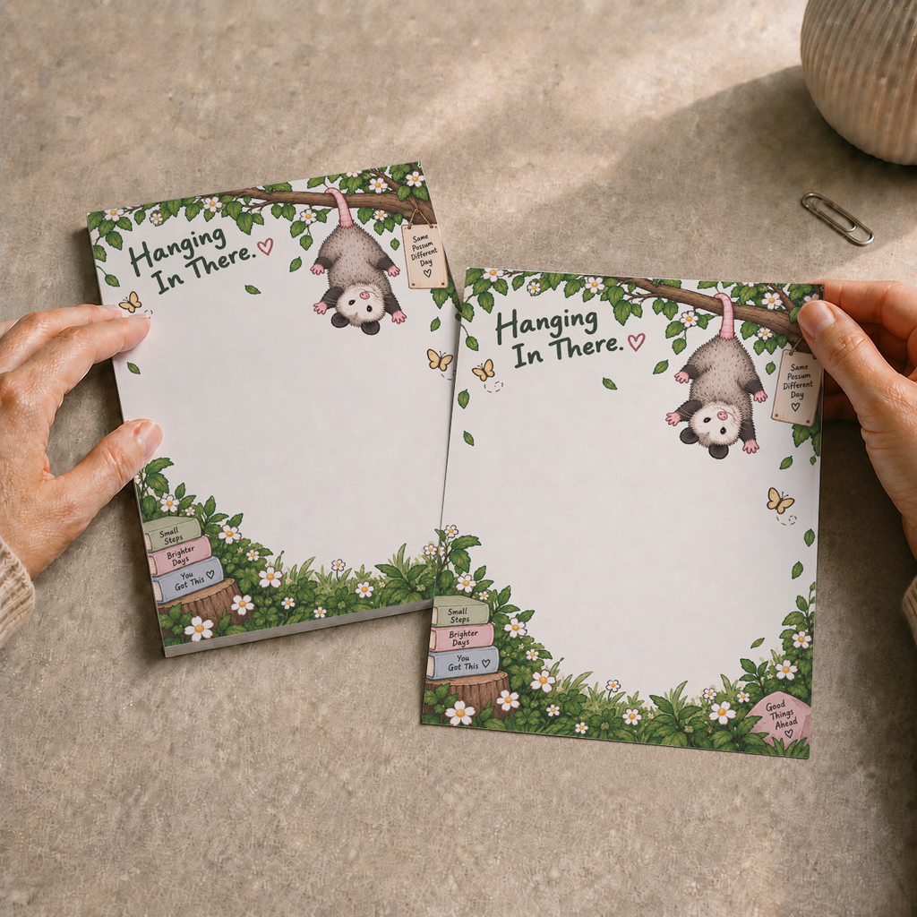 Hands hold a single sheet next to the Hanging In There Possum Notepad on a textured desk.