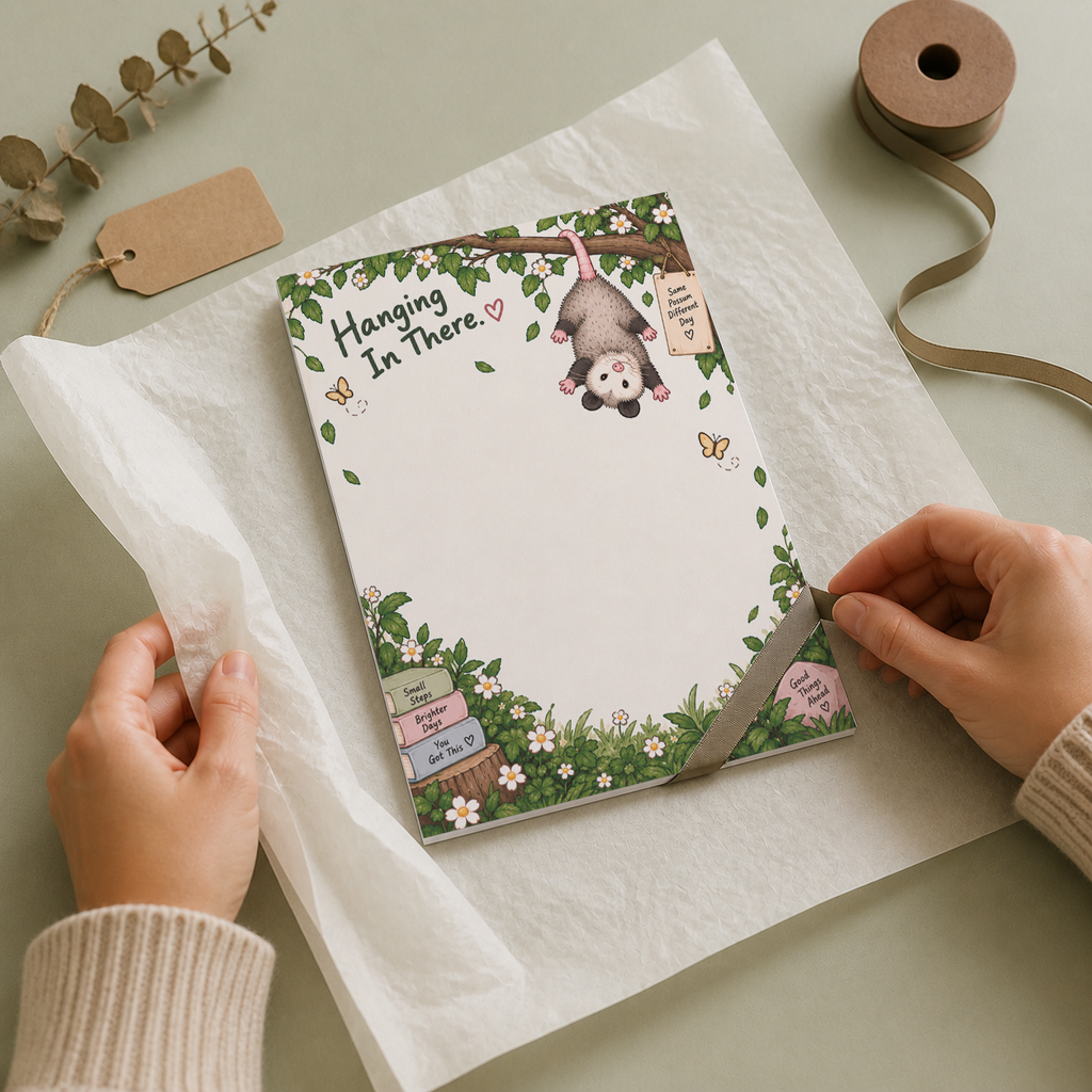 Hands wrapping the Hanging In There Possum Notepad in white tissue paper and ribbon on a green desk.