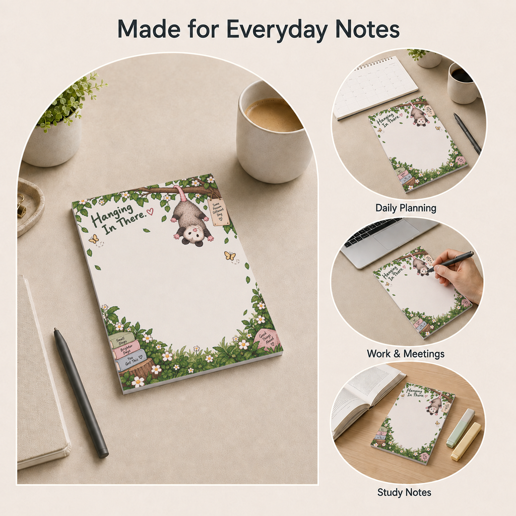 Collage showing the Hanging In There Possum Notepad used for daily planning, work, and study notes on various desks.