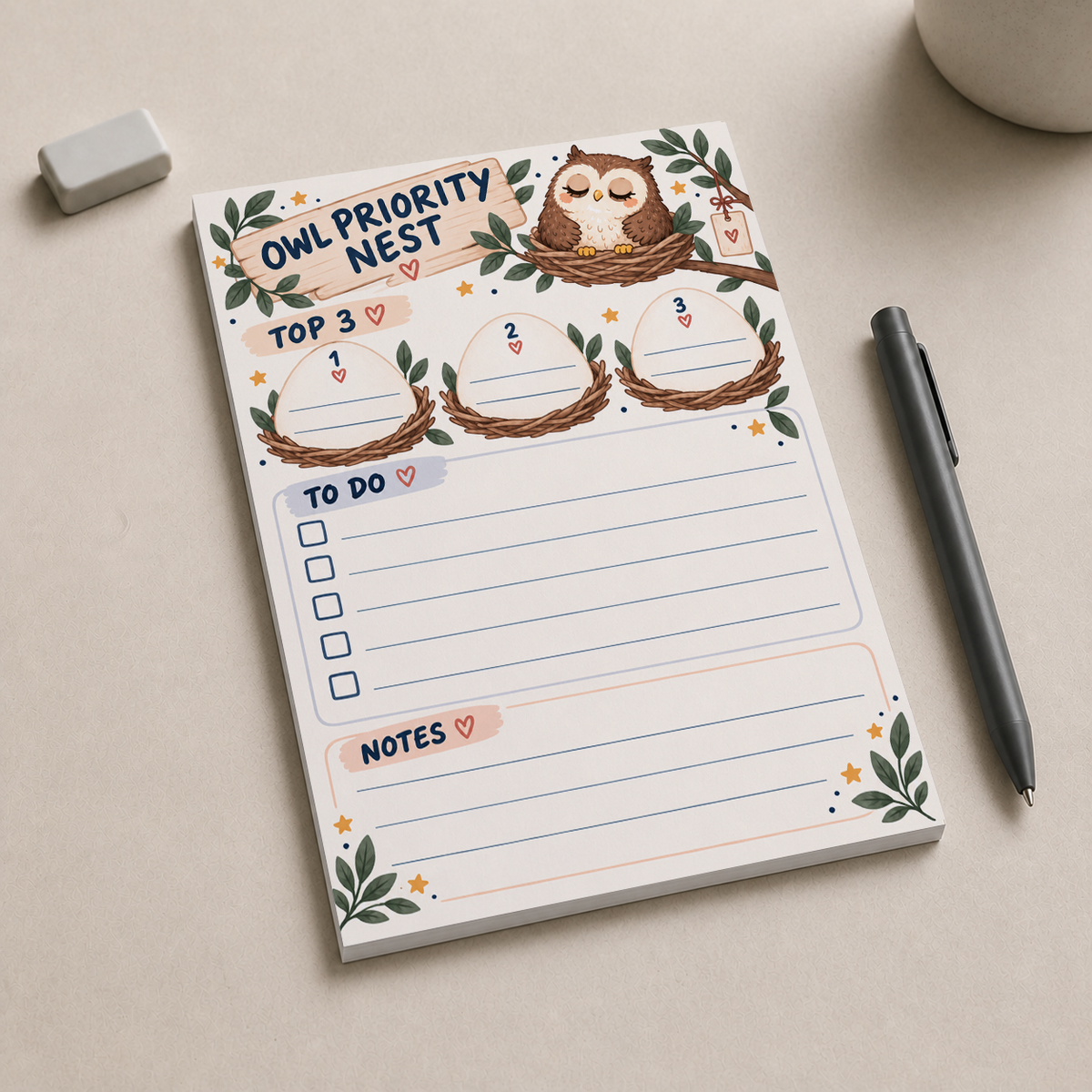 Owl Priority Nest Notepad with to-do and notes sections, placed on a beige desk next to a black pen and a white eraser.