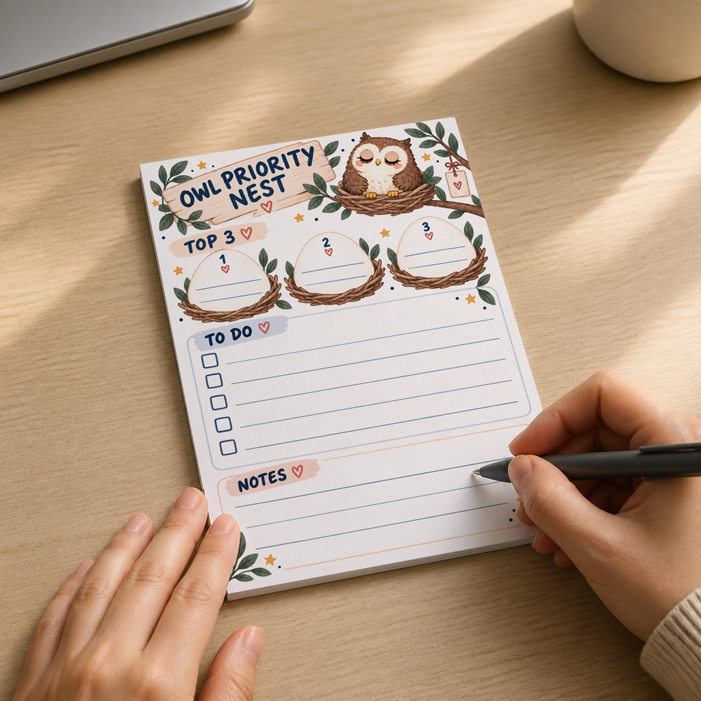 Hands writing on the Owl Priority Nest tear-off memo pad with a pen on a sunlit wooden desk.
