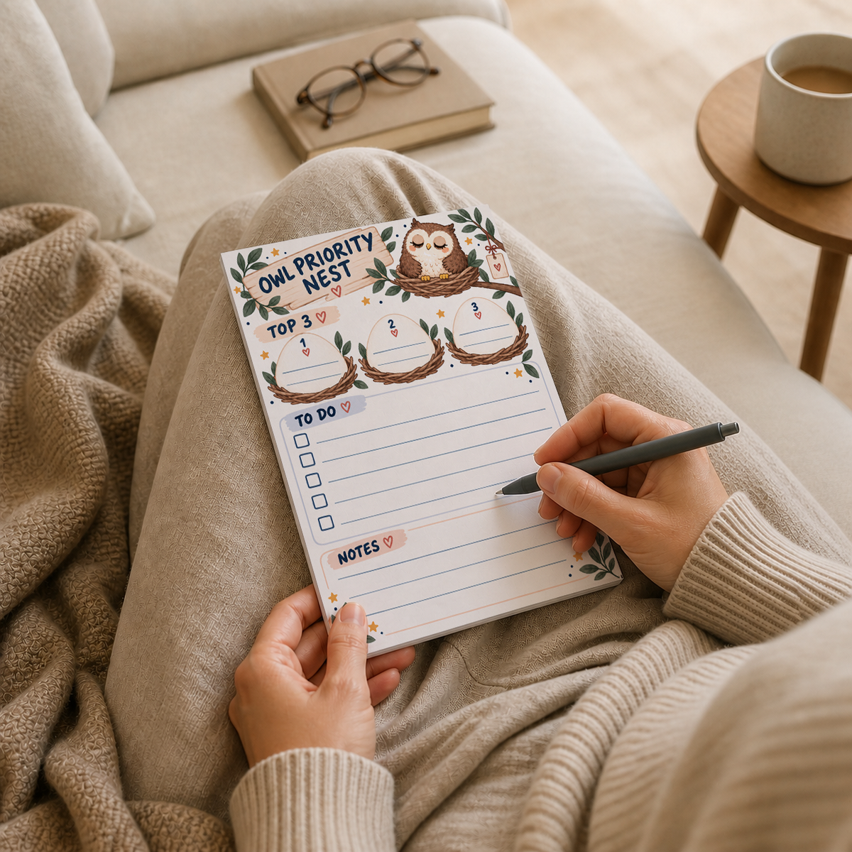 A person holds a pen over the Owl Priority Nest memo pad on their lap, sitting near a book and a mug.