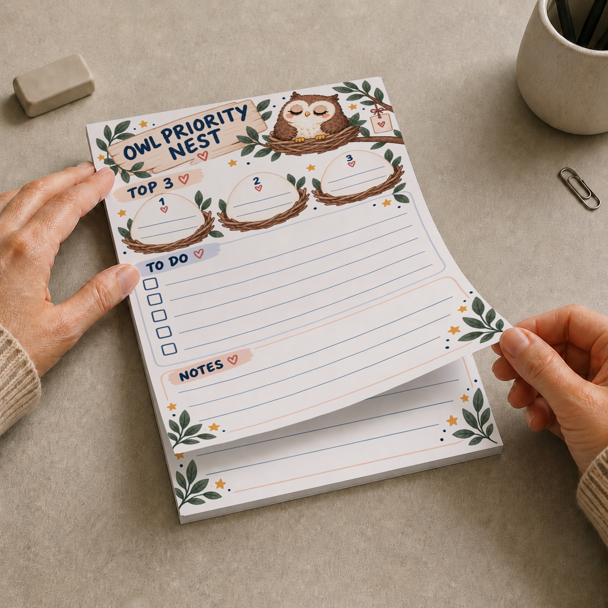 Hands lifting the top sheet of the Owl Priority Nest tear-off memo pad on a textured desk.