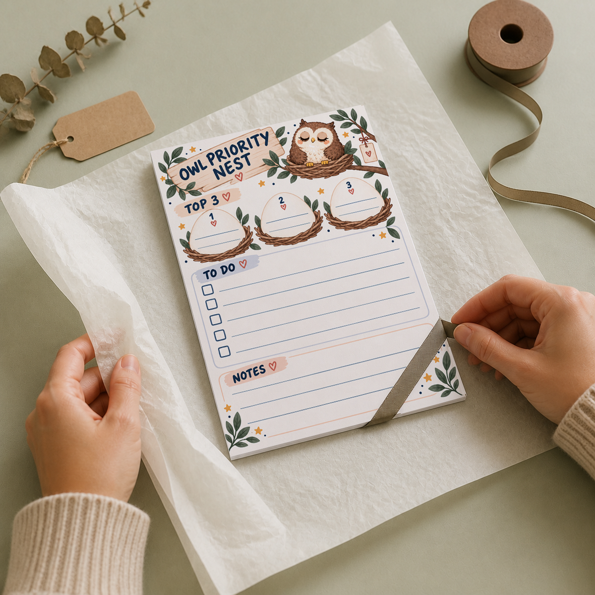 Hands wrapping an Owl Priority Nest Notepad in white tissue paper and ribbon on a green desk with a blank tag.