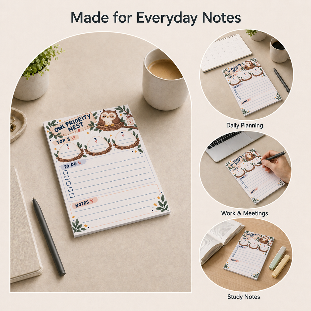 Collage showing the Owl Priority Nest tear-off memo pad on desks for daily planning, work meetings, and study notes.