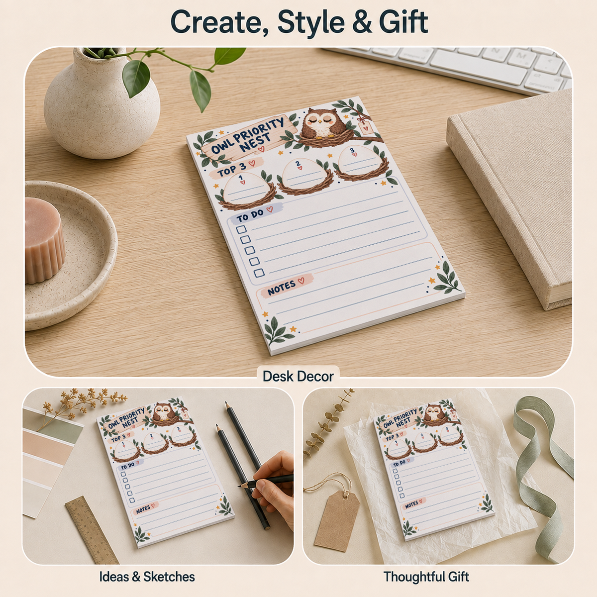 Owl Priority Nest tear-off memo pad shown in three settings: desk decor, ideas and sketches, and as a thoughtful gift.