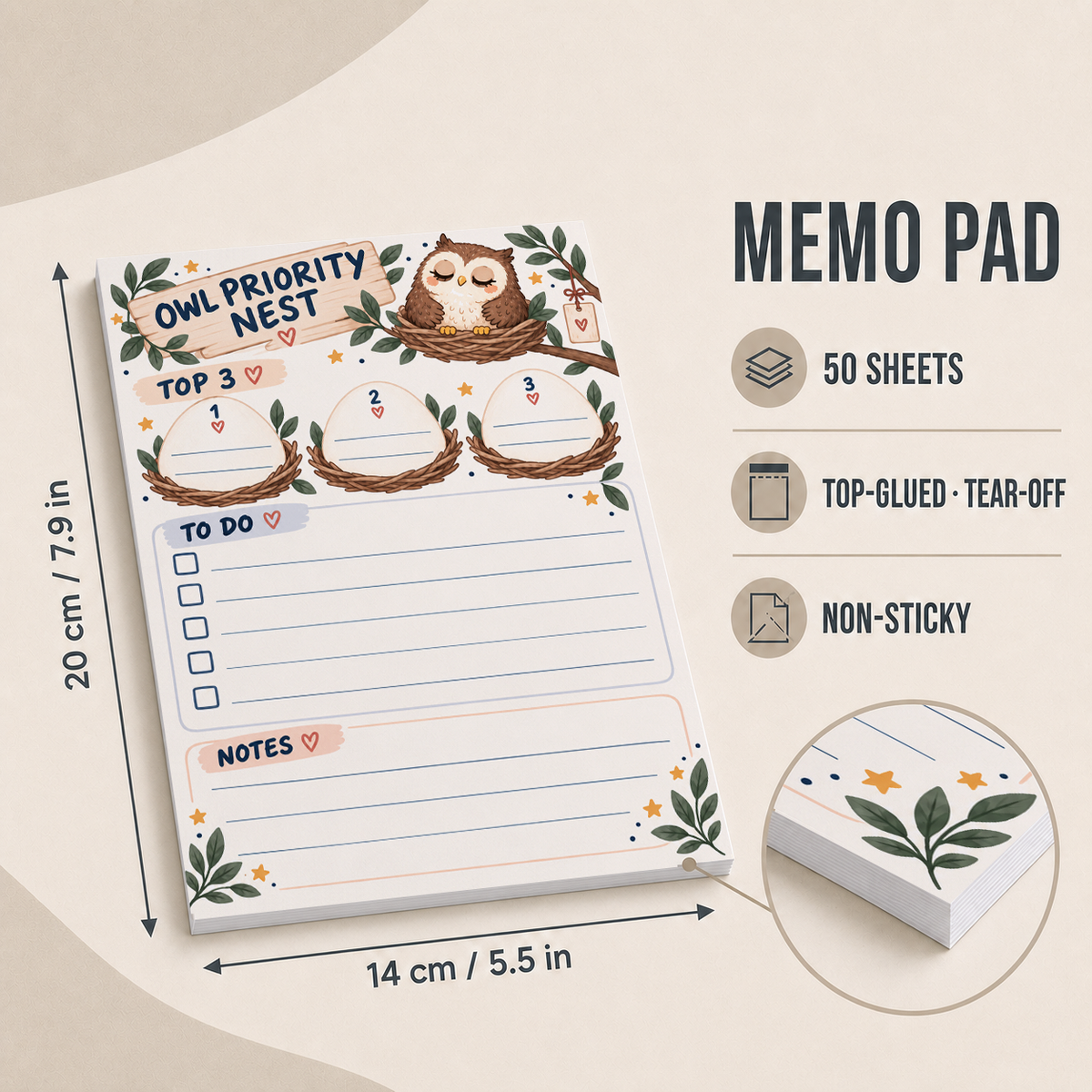 Dimensions of the Owl Priority Nest memo pad, showing a 14 by 20 cm size, 50 sheets, and top-glued tear-off design.