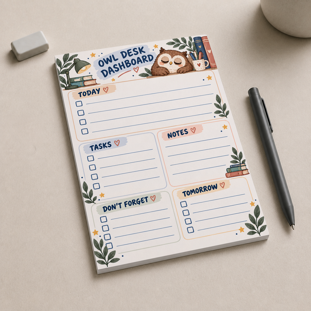 Owl Desk Dashboard Notepad with a sleeping owl illustration on a desk beside an eraser and pen.
