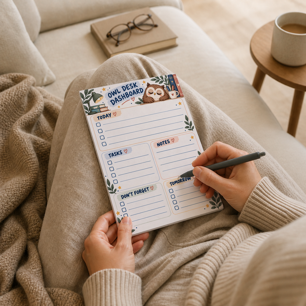 A person in a sweater writes on an Owl Desk Dashboard Notepad resting on their lap while sitting on a couch.