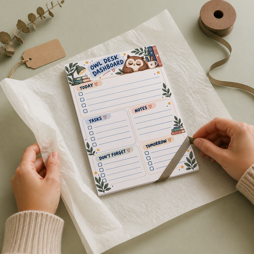 Hands unwrapping an Owl Desk Dashboard Notepad on tissue paper with a ribbon and blank tag on a green table.