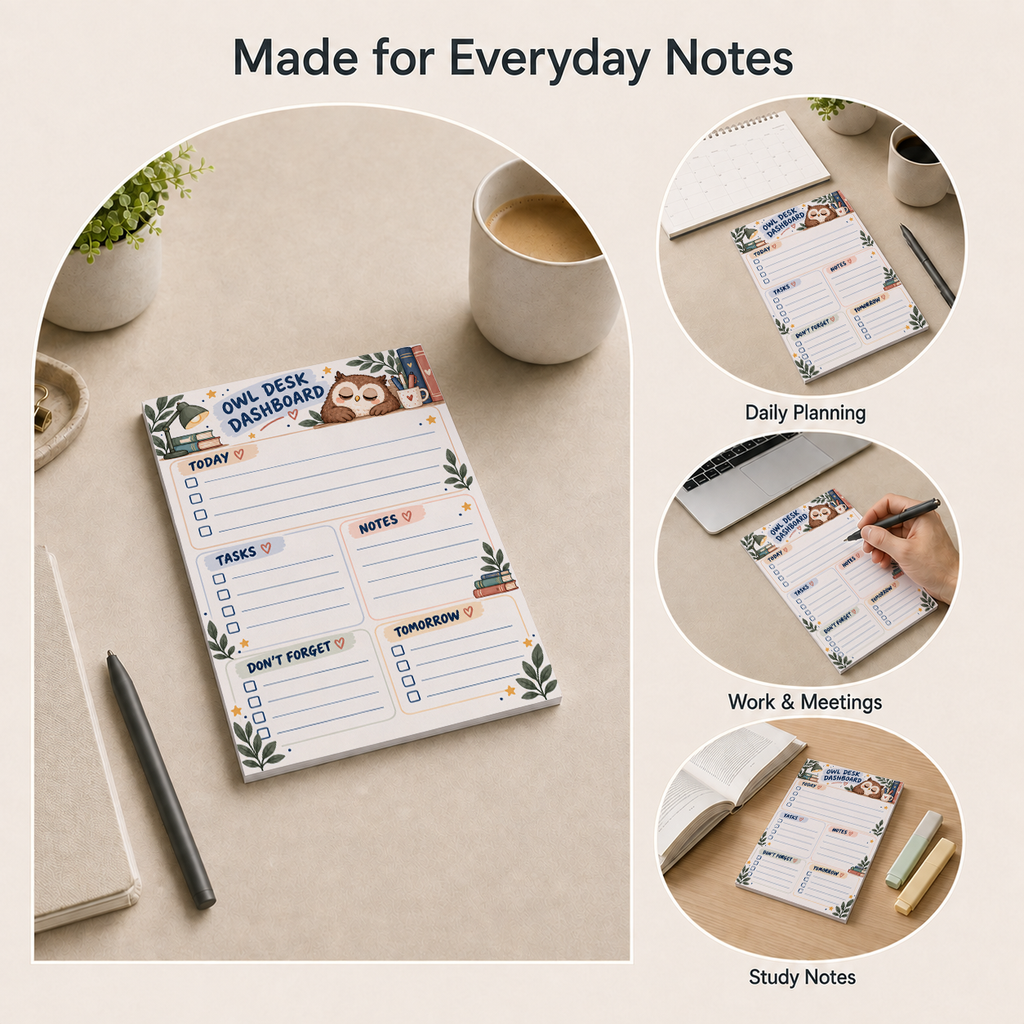Owl Desk Dashboard tear-off memo pad in everyday desk settings for daily planning, work, and study notes.