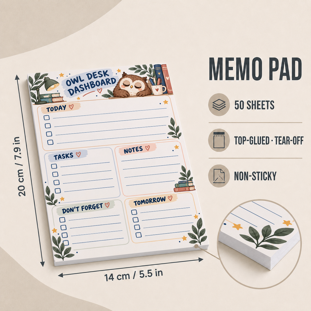 Dimensions of the owl desk dashboard notepad indicating 14 by 20 cm, with details highlighting 50 non-sticky sheets.