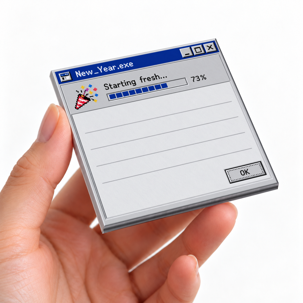 Hand holding a retro New Year loading screen sticky note pad reading “Starting fresh... 73%” against white.