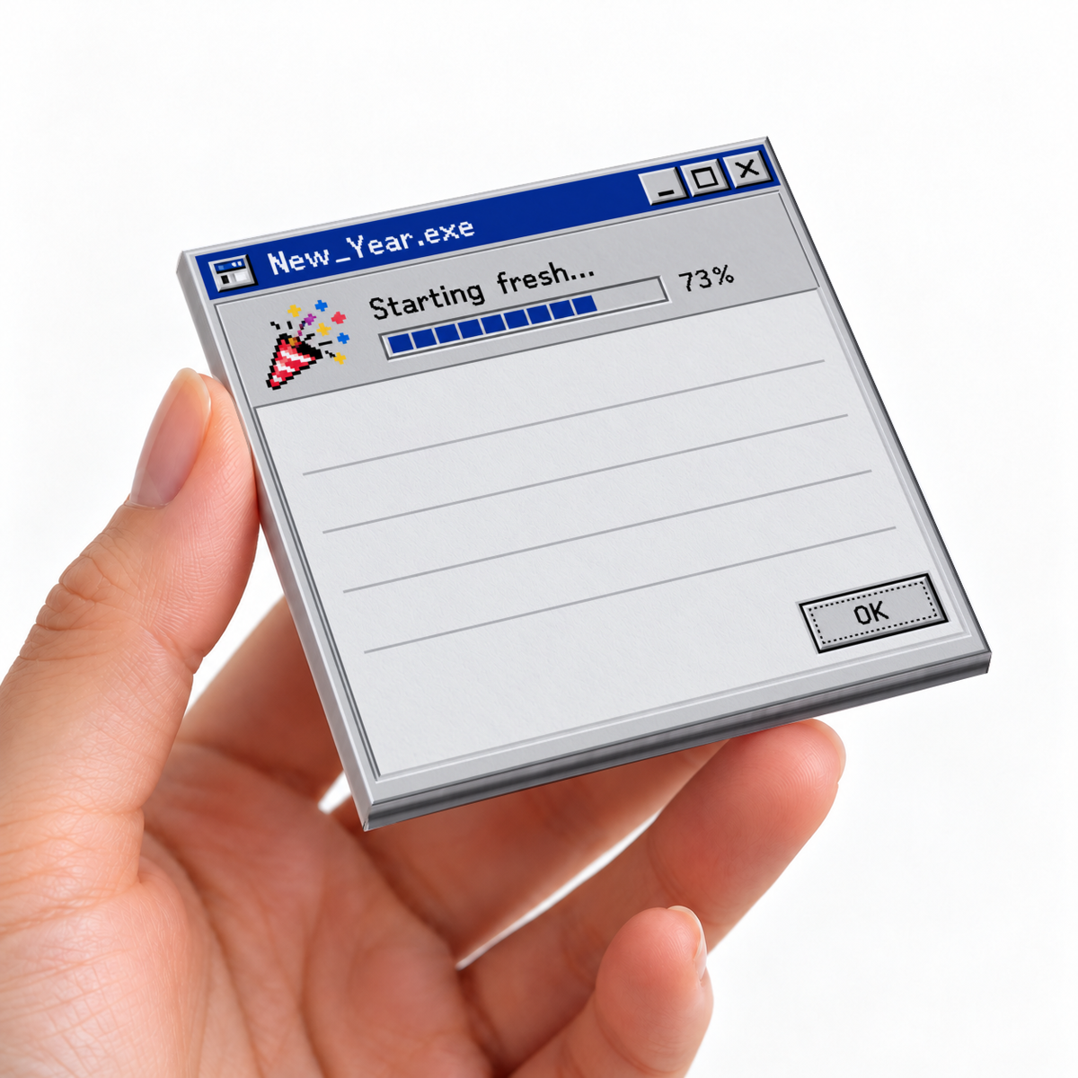 Hand holding a retro New Year loading screen sticky note pad reading “Starting fresh... 73%” against white.
