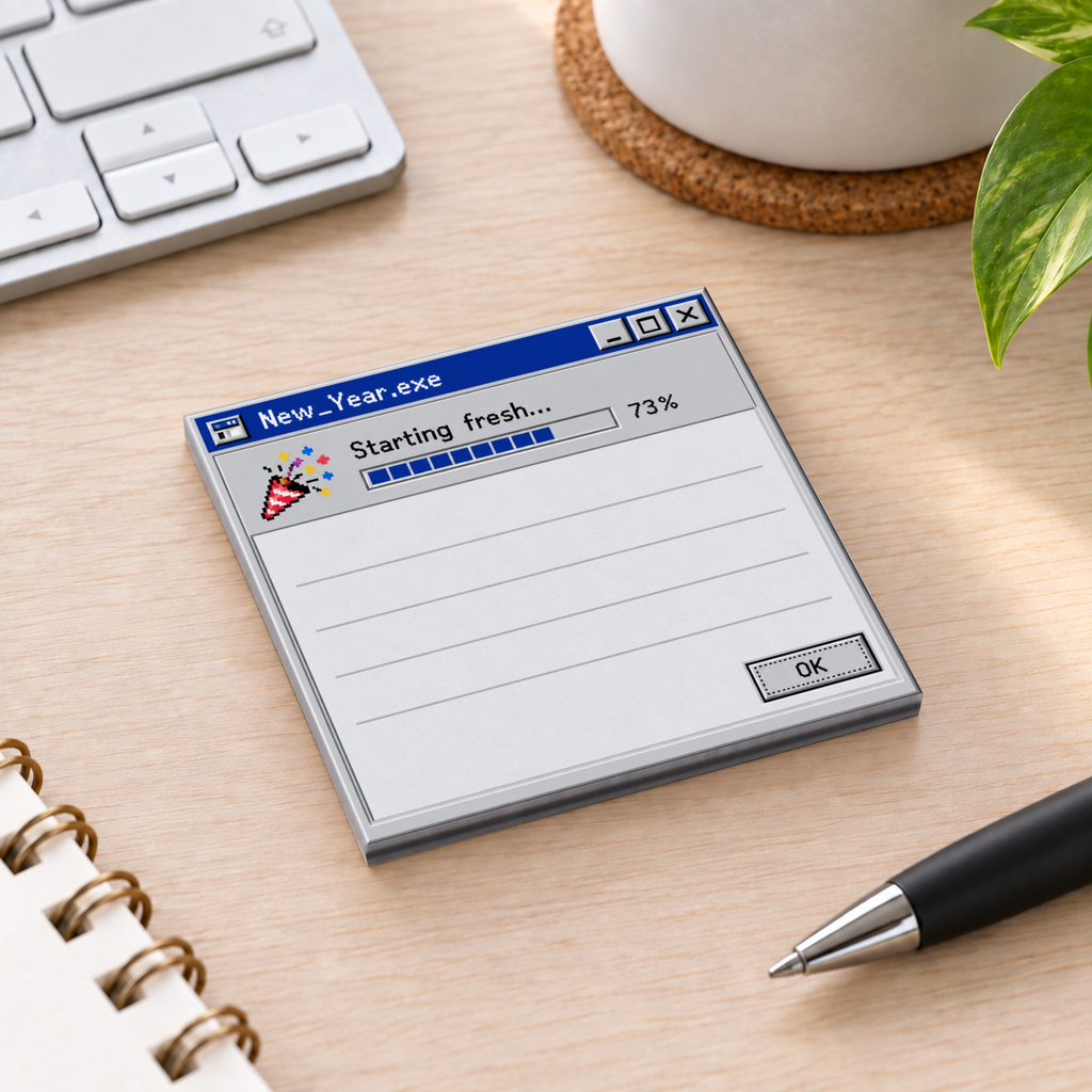 Retro New Year loading screen sticky note pad on a wood desk beside a keyboard, pen, notebook, and plant.