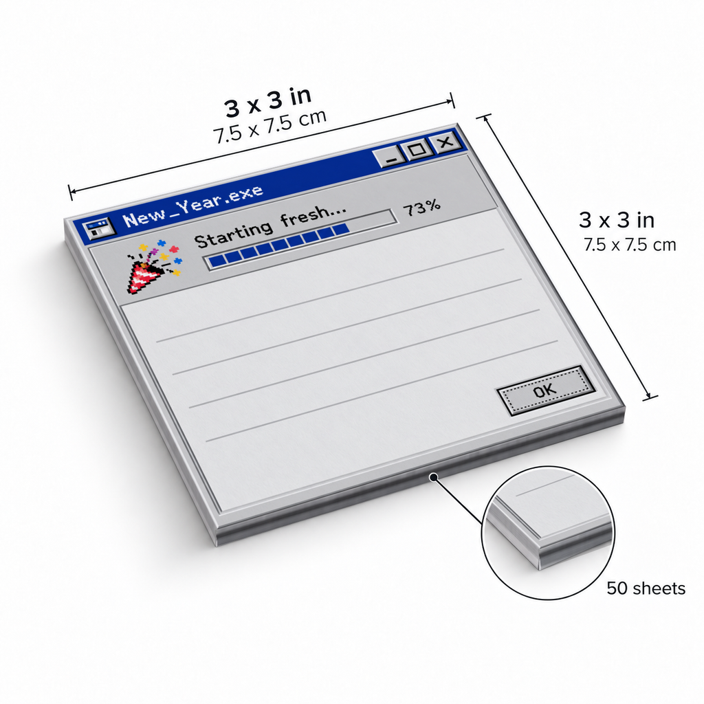 Retro New Year loading screen sticky note pad, shown as 3 x 3 inches with 50 sheets.