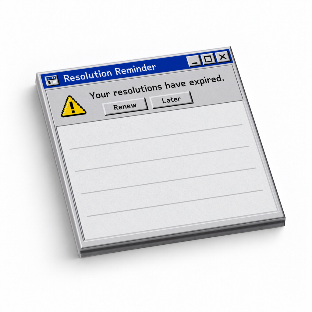 Retro computer sticky note pad with a “Resolution Reminder” dialog, warning icon, buttons, and lined writing area.
