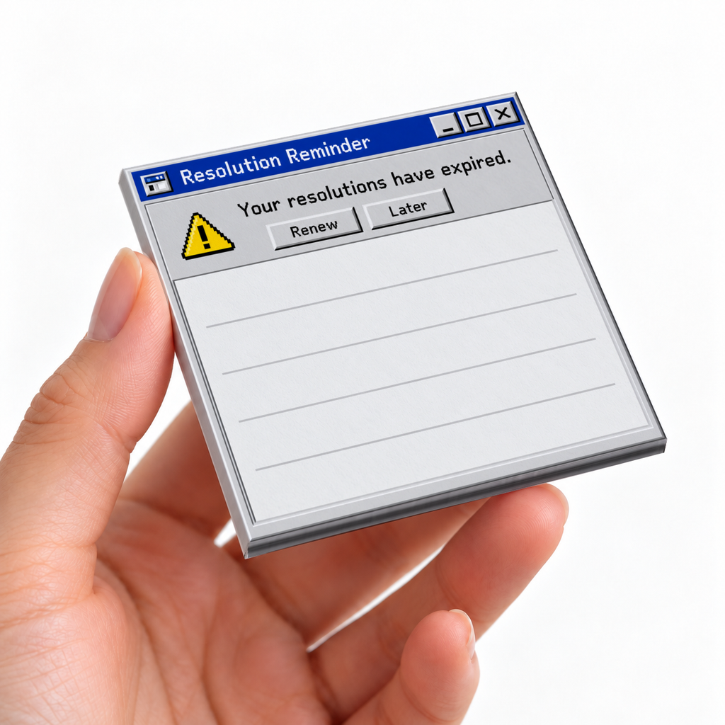 Hand holding a retro computer Resolution Reminder memo pad with a warning icon and lined writing area.