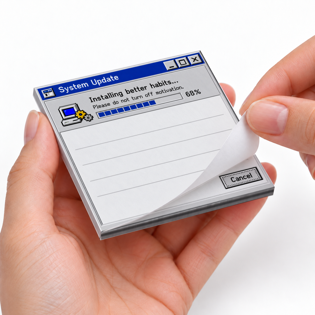 Hands peel a sheet from the Retro System Update sticky note pad with an “Installing better habits” progress bar.