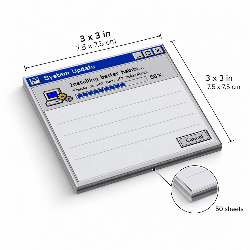 Better Habits retro system update sticky note pad, shown as 3 x 3 inches with 50 sheets.