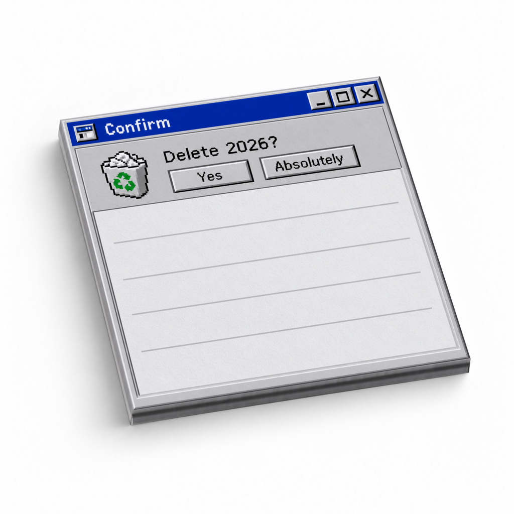 Retro Delete 2026 sticky note pad styled as a computer dialog, with Yes and Absolutely buttons and lined space.