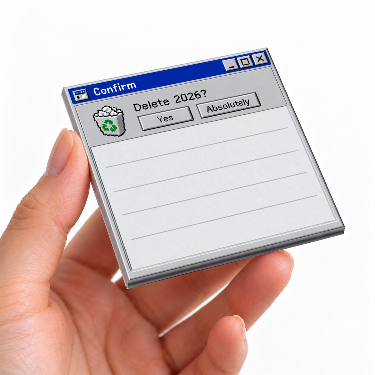 Hand holding a Retro Delete 2026 sticky note pad styled as a computer confirmation dialog.