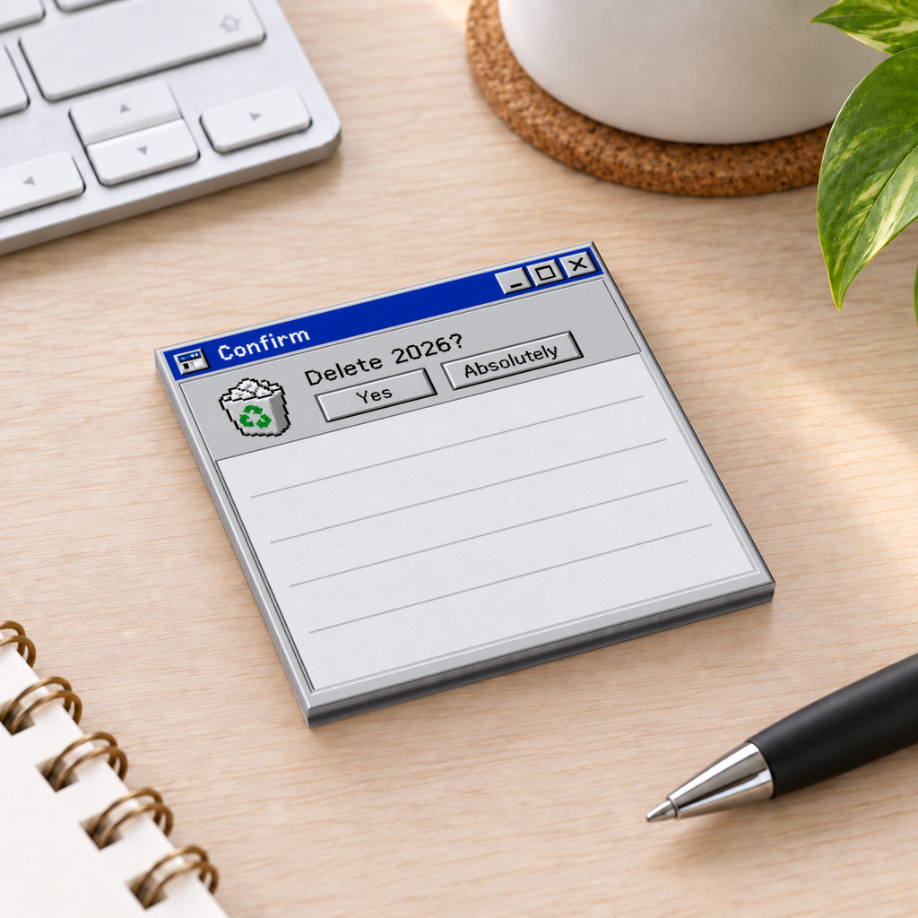 Retro Delete 2026 sticky note pad styled as a computer dialog, on a desk beside a keyboard, pen, and plant.
