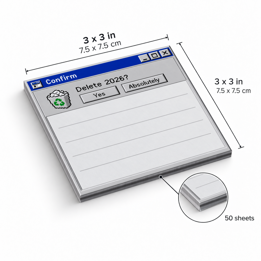 Retro Delete 2026 sticky note pad, measuring 3 x 3 inches (7.5 x 7.5 cm), with 50 sheets.