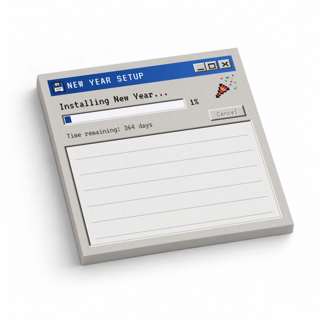 Retro New Year Setup sticky note pad with a pixel-style installation window and lined writing area.