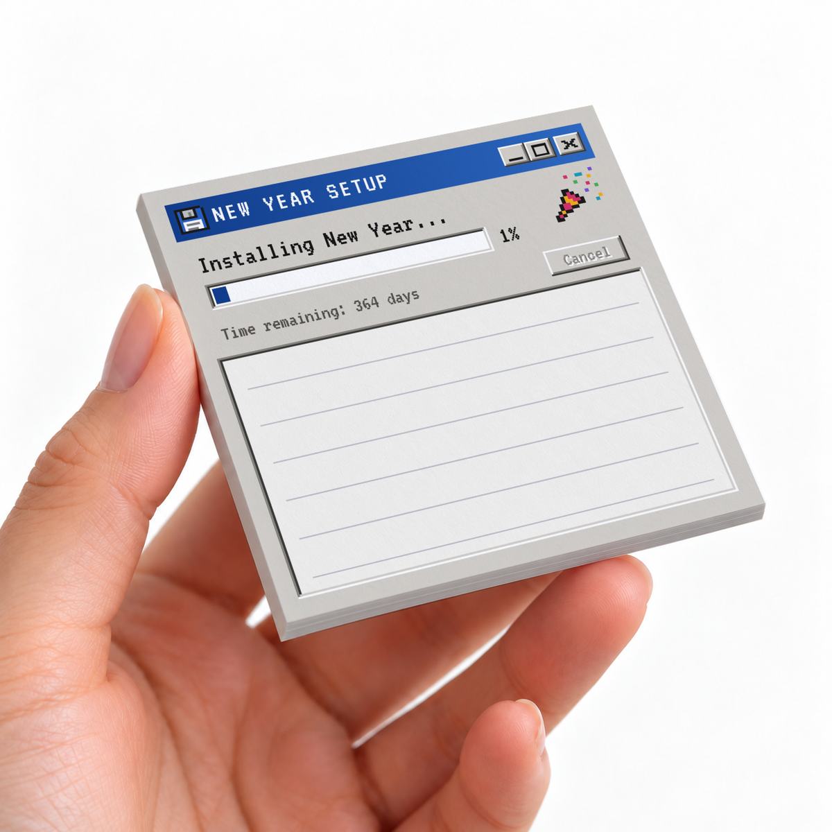 Hand holding a Retro New Year Setup sticky note pad with a pixel-style progress window and lined writing area.