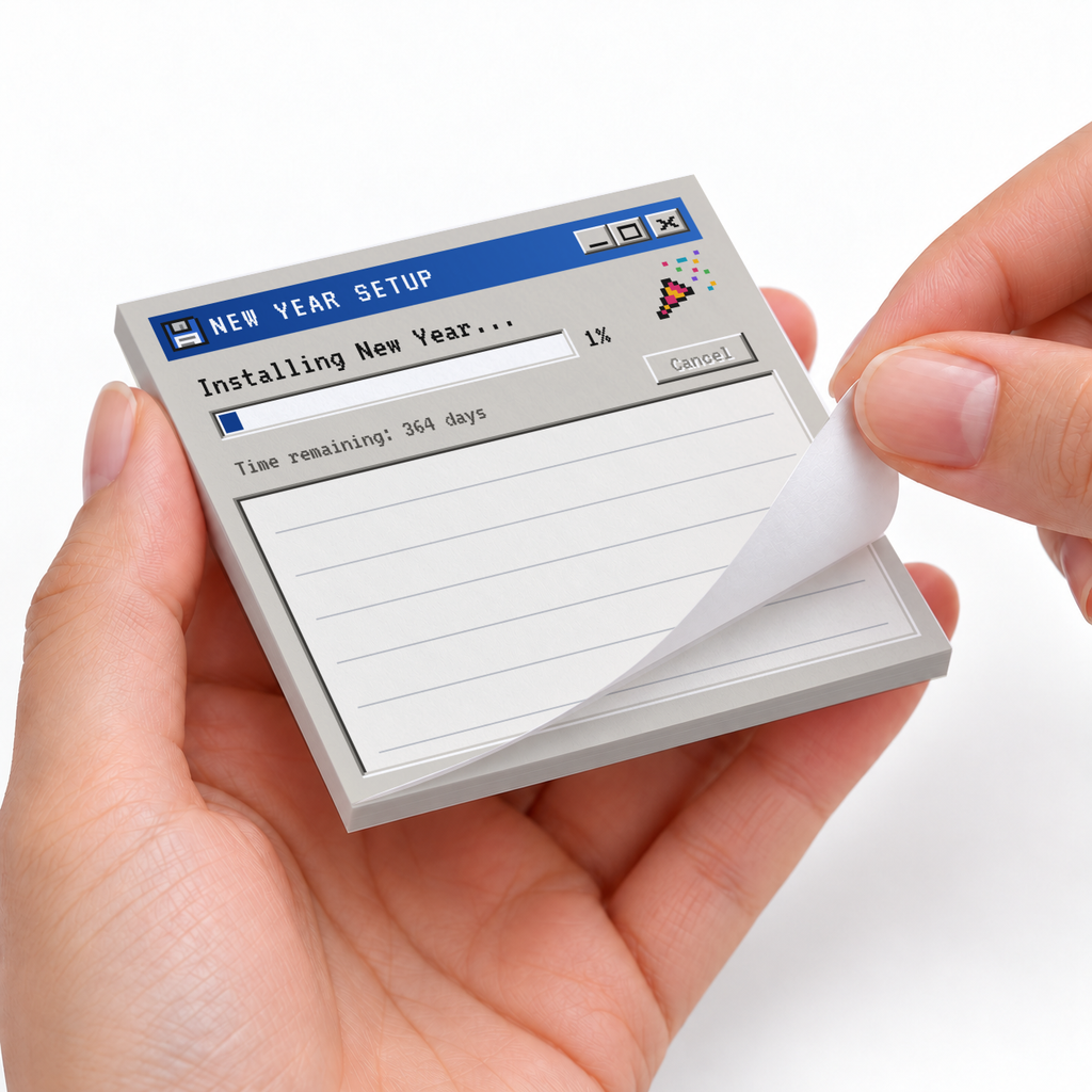 Hands peel a sheet from the Retro New Year Setup sticky note pad with a computer install window and lined memo area.