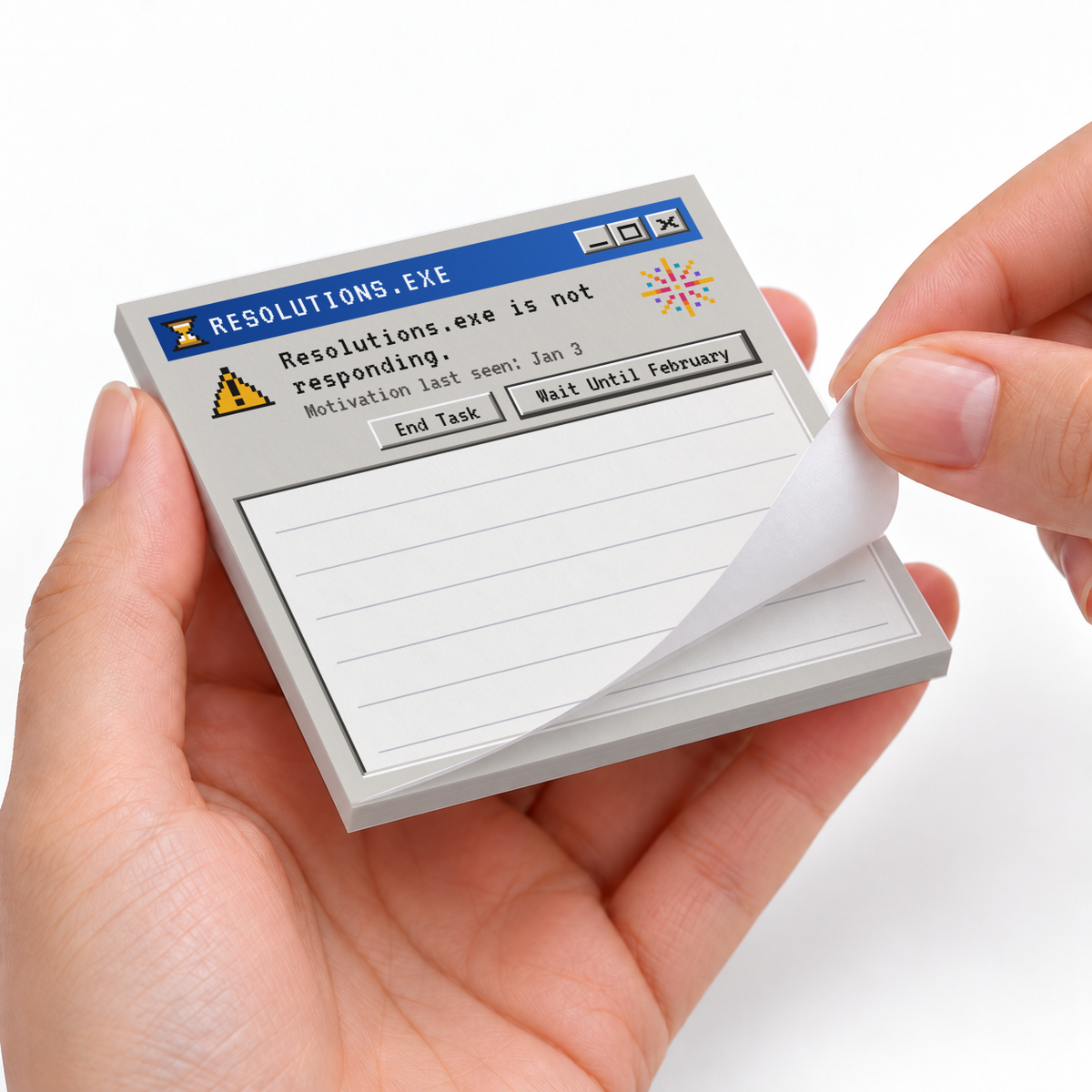 Hands peel a sheet from the Resolutions.exe sticky note pad with a retro error window design and lined writing area.