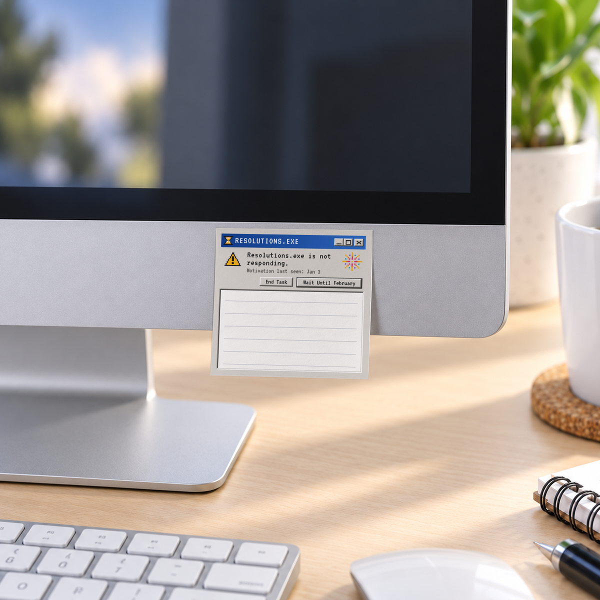 Pixel Error Window sticky note pad attached to a desktop monitor above a keyboard and mouse.