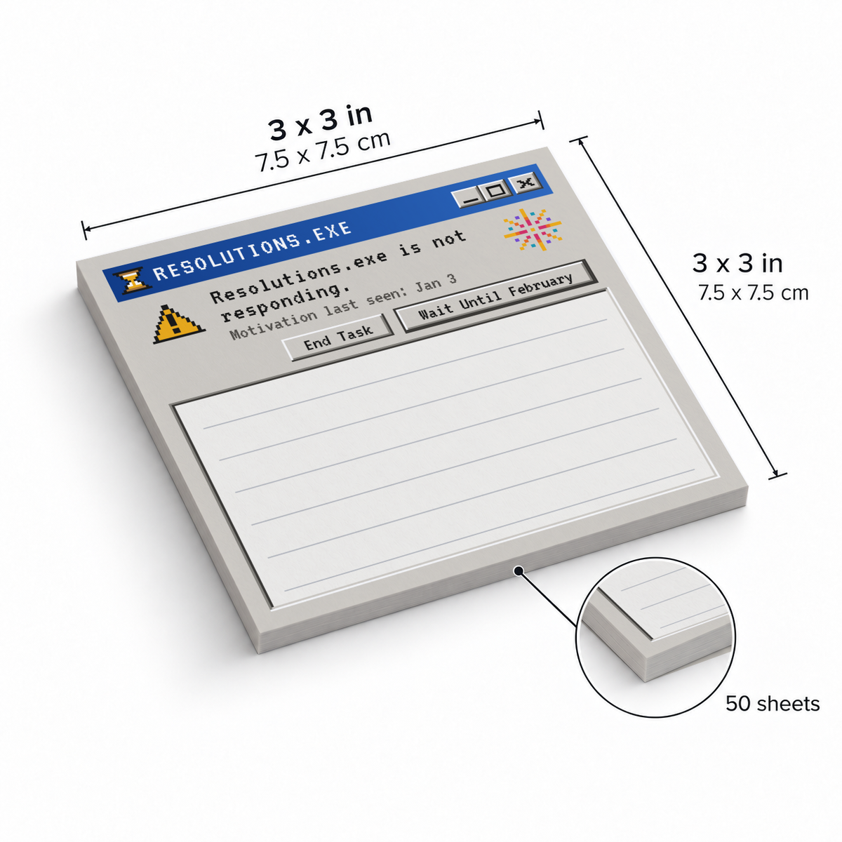 Pixel Error Window sticky note pad shown with 3 x 3 inch dimensions and a close-up indicating 50 sheets.