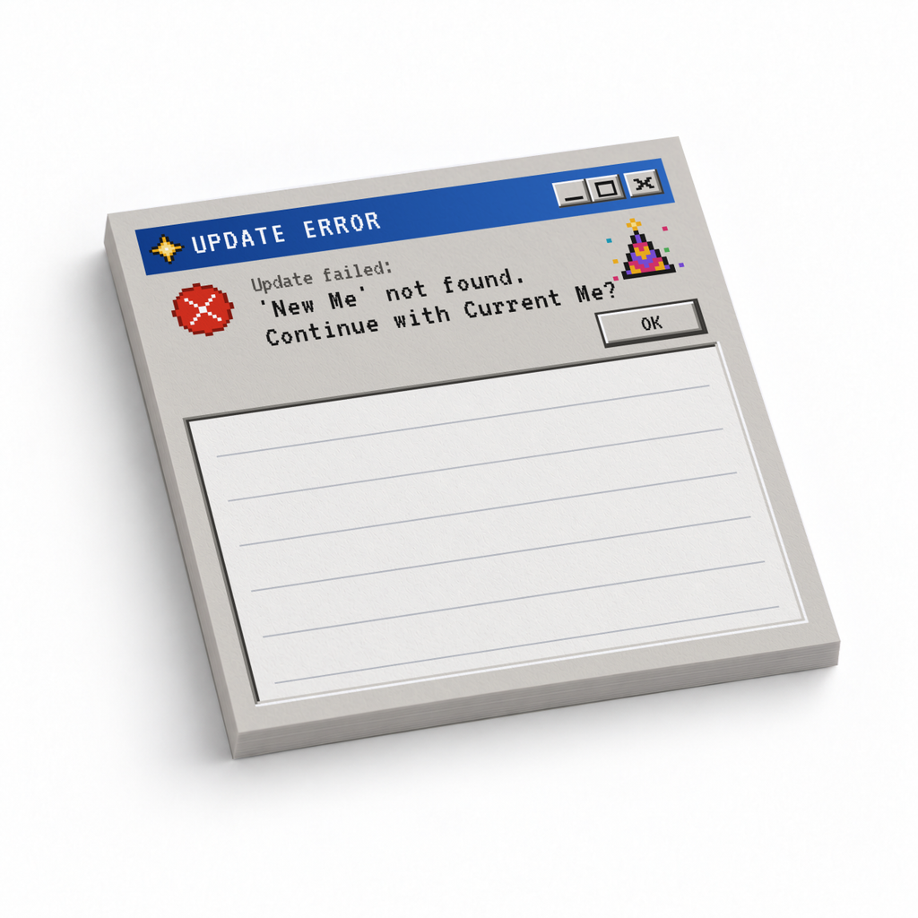 Pixel Update Error 3 x 3-inch sticky note pad with a retro computer dialog and lined writing area.
