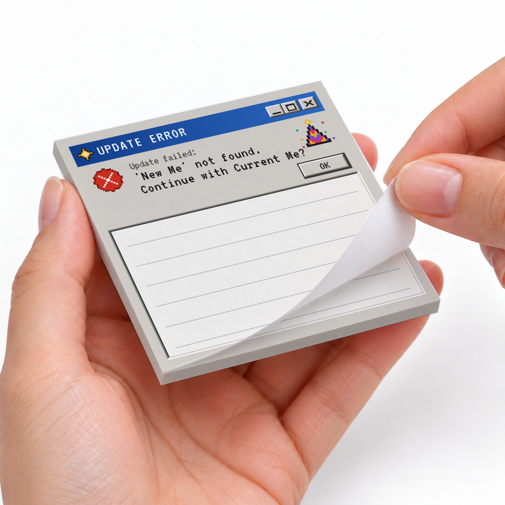 Hands peel a sheet from the Pixel Update Error sticky note pad with a retro computer alert and lined writing area.